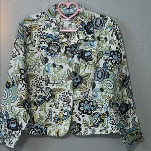 COLD WATER CREEK Jean Jacket in White, Blue & Green Floral Sz.PL